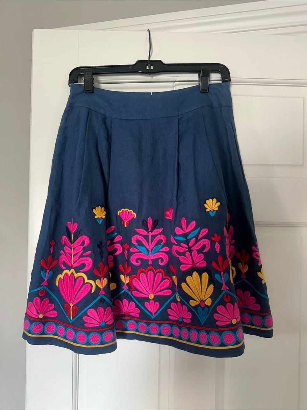 Boden Navy A-Line Skirt with Pink & Yellow Floral Embroidery